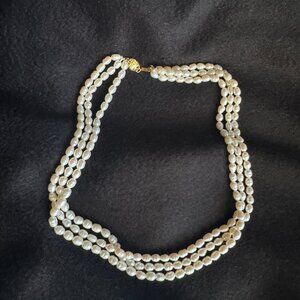 Freshwater Rice Pearl Necklace 3-Strand 14K Gold Fortune Clasp 16" Baroque Pearl